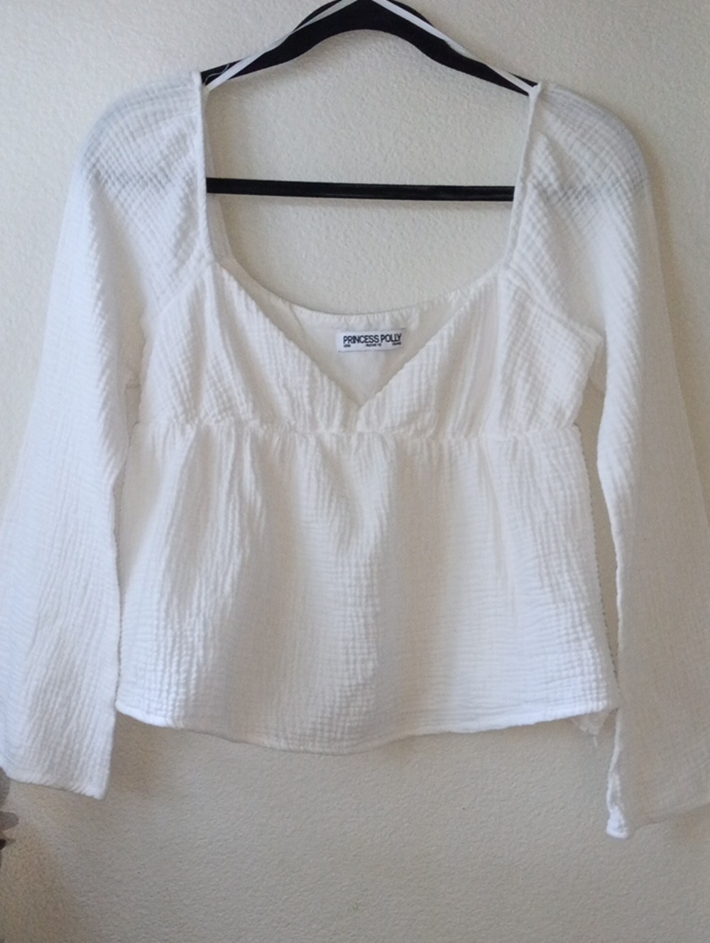 Princess Polly White Textured Long-Sleeve VScoop Neck Top